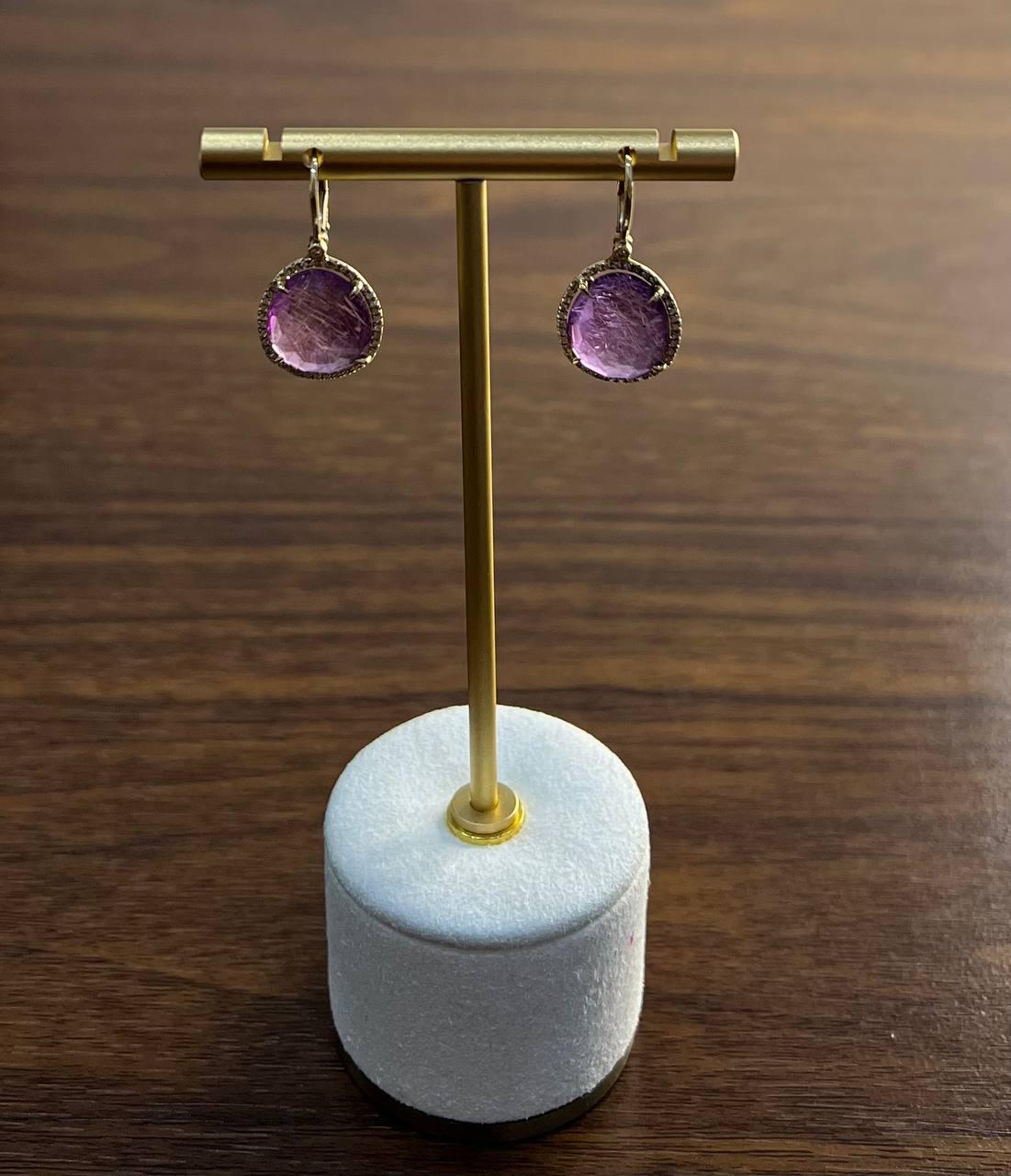 Oval Shape Purple Violet Amethyst Cabochons 14K Yellow Gold Diamonds Earrings