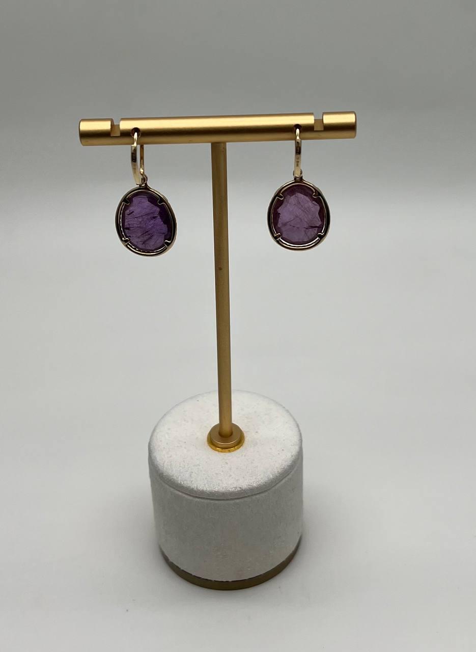 Oval Shape Purple Violet Amethyst Cabochons 14K Yellow Gold Diamonds Earrings