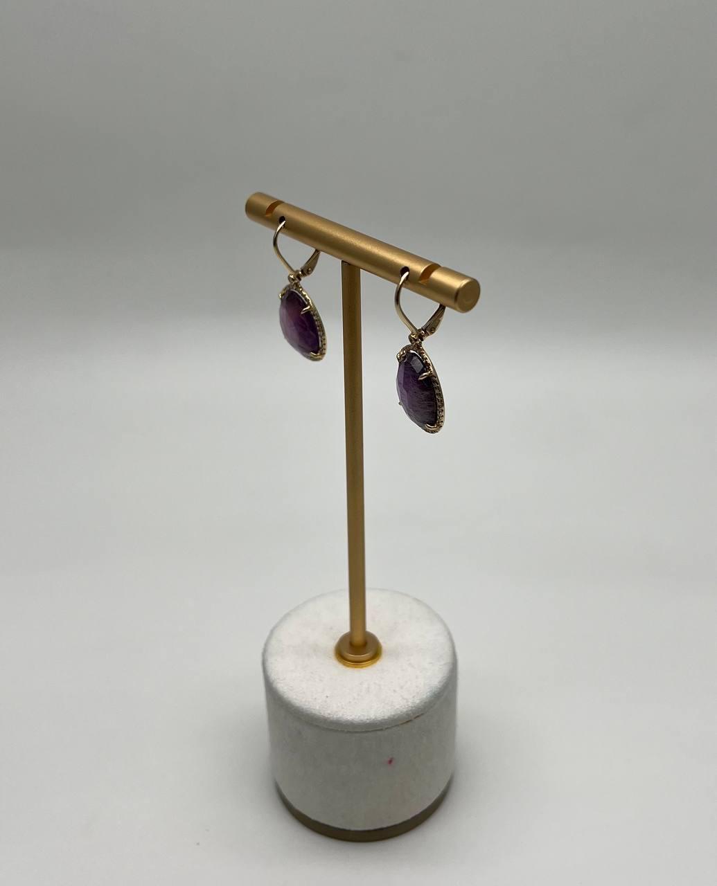 Oval Shape Purple Violet Amethyst Cabochons 14K Yellow Gold Diamonds Earrings