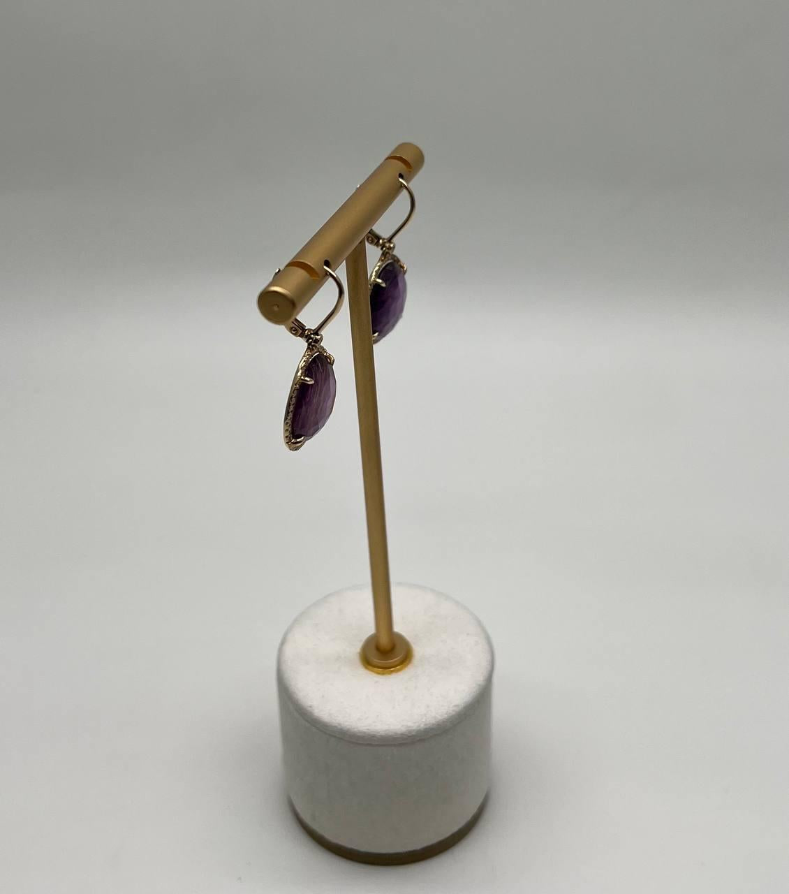 Oval Shape Purple Violet Amethyst Cabochons 14K Yellow Gold Diamonds Earrings