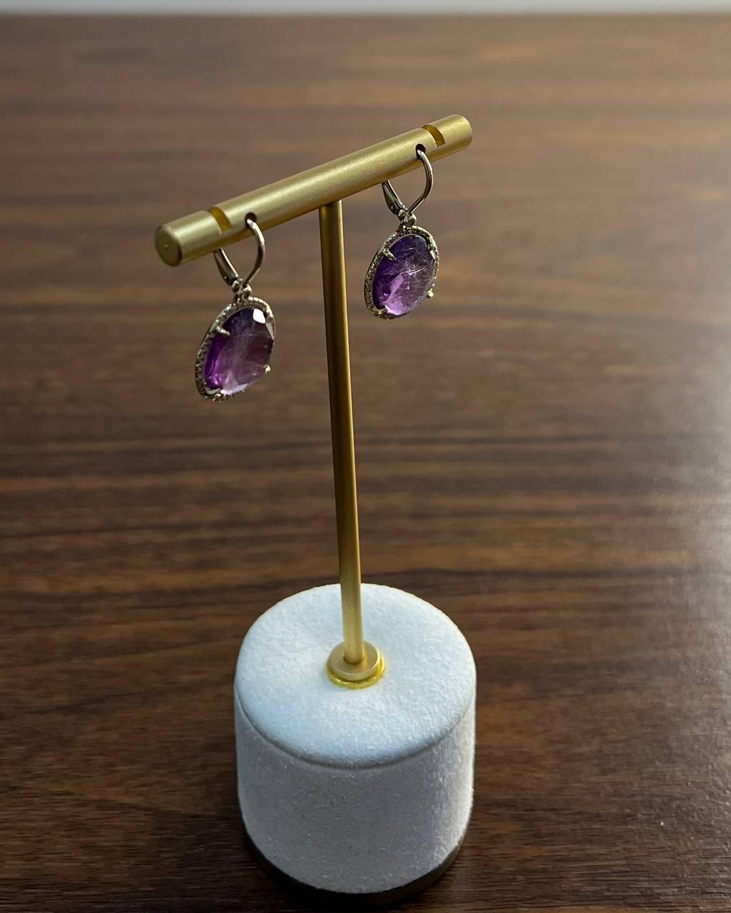 Oval Shape Purple Violet Amethyst Cabochons 14K Yellow Gold Diamonds Earrings