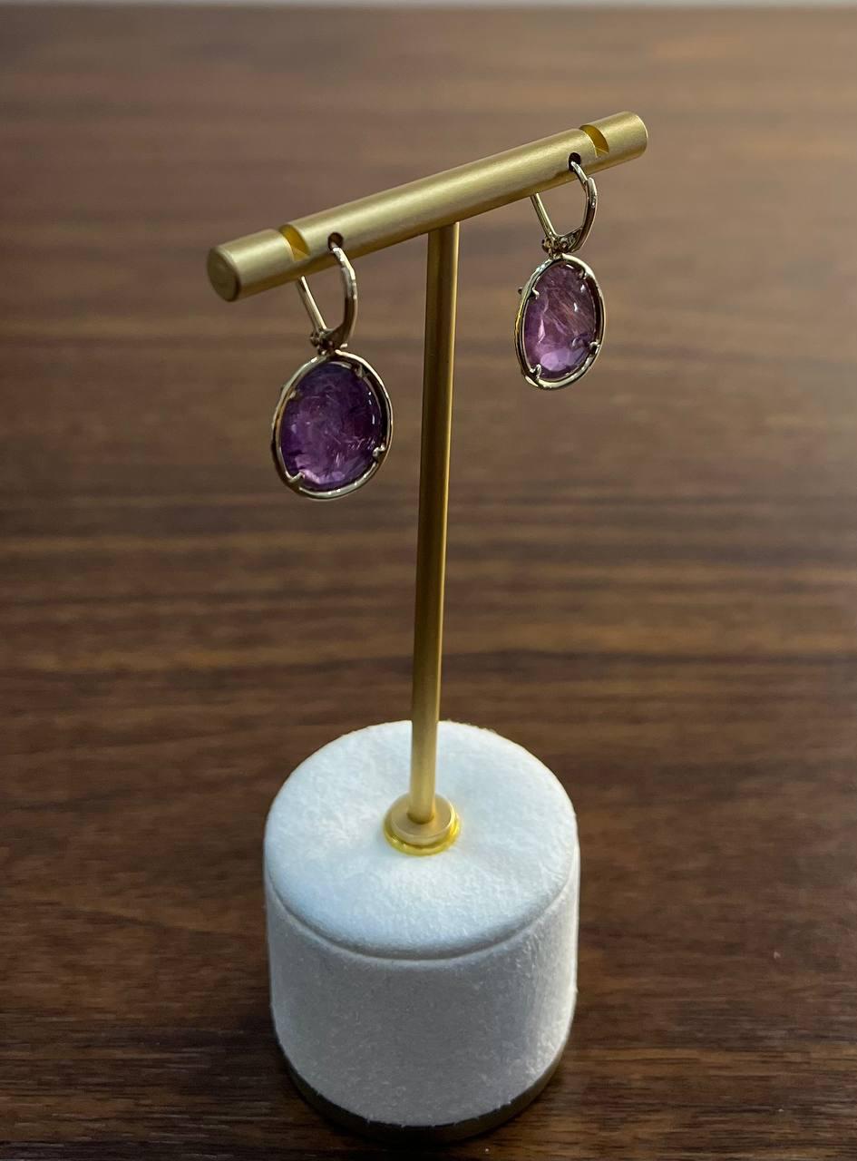 Oval Shape Purple Violet Amethyst Cabochons 14K Yellow Gold Diamonds Earrings