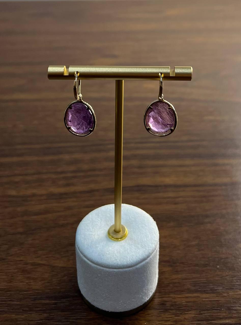 Oval Shape Purple Violet Amethyst Cabochons 14K Yellow Gold Diamonds Earrings