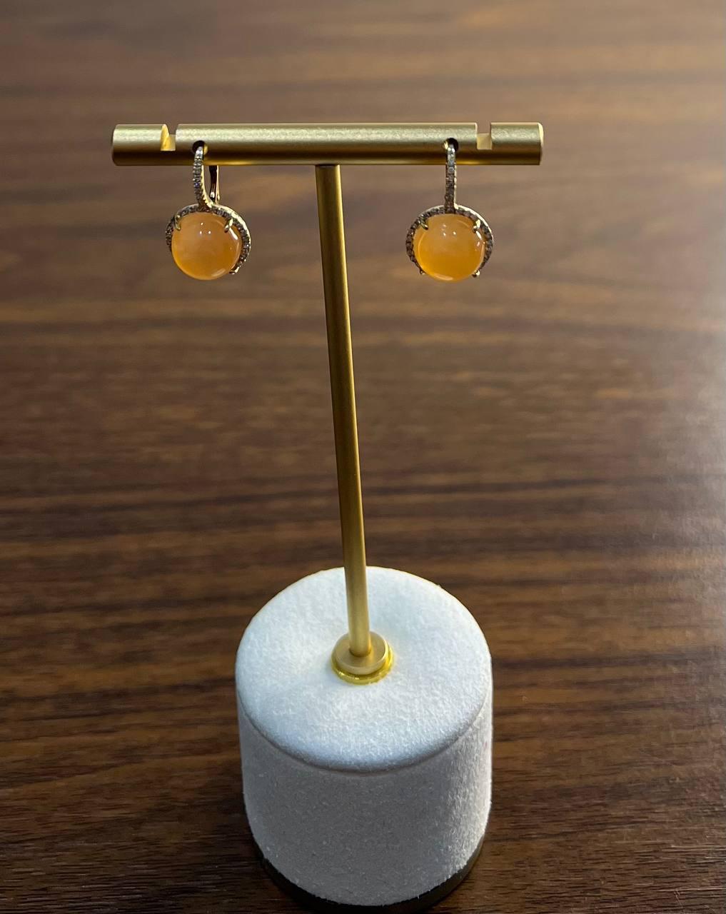 Peach Orange Moonstone Diamonds Halo 14K Yellow Gold Drop Earrings