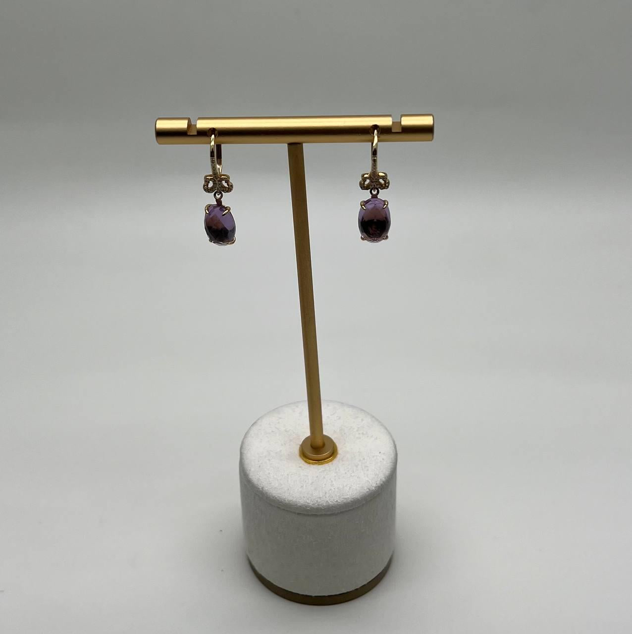Oval Cut Purple Violet Amethyst 14K Yellow Gold Diamond Drop Statement Earrings