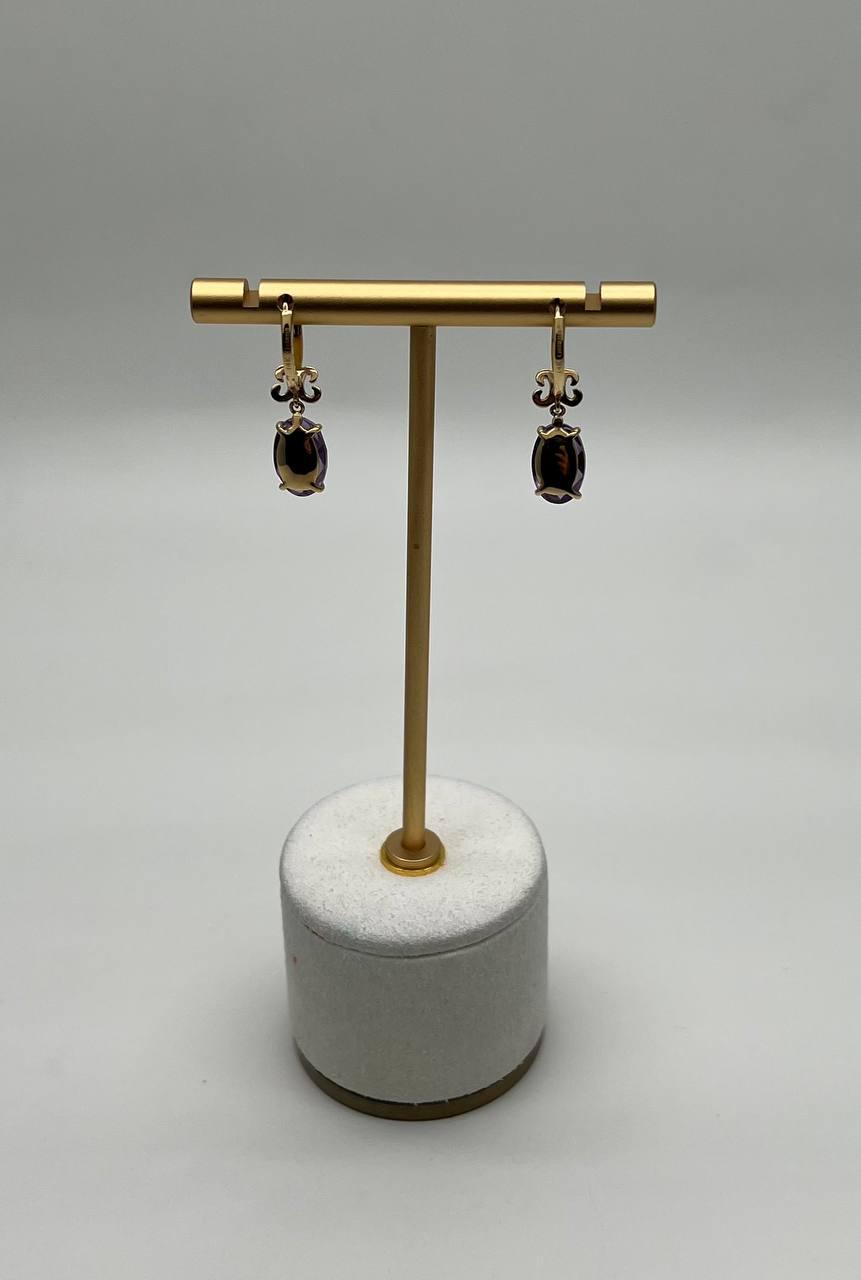 Oval Cut Purple Violet Amethyst 14K Yellow Gold Diamond Drop Statement Earrings