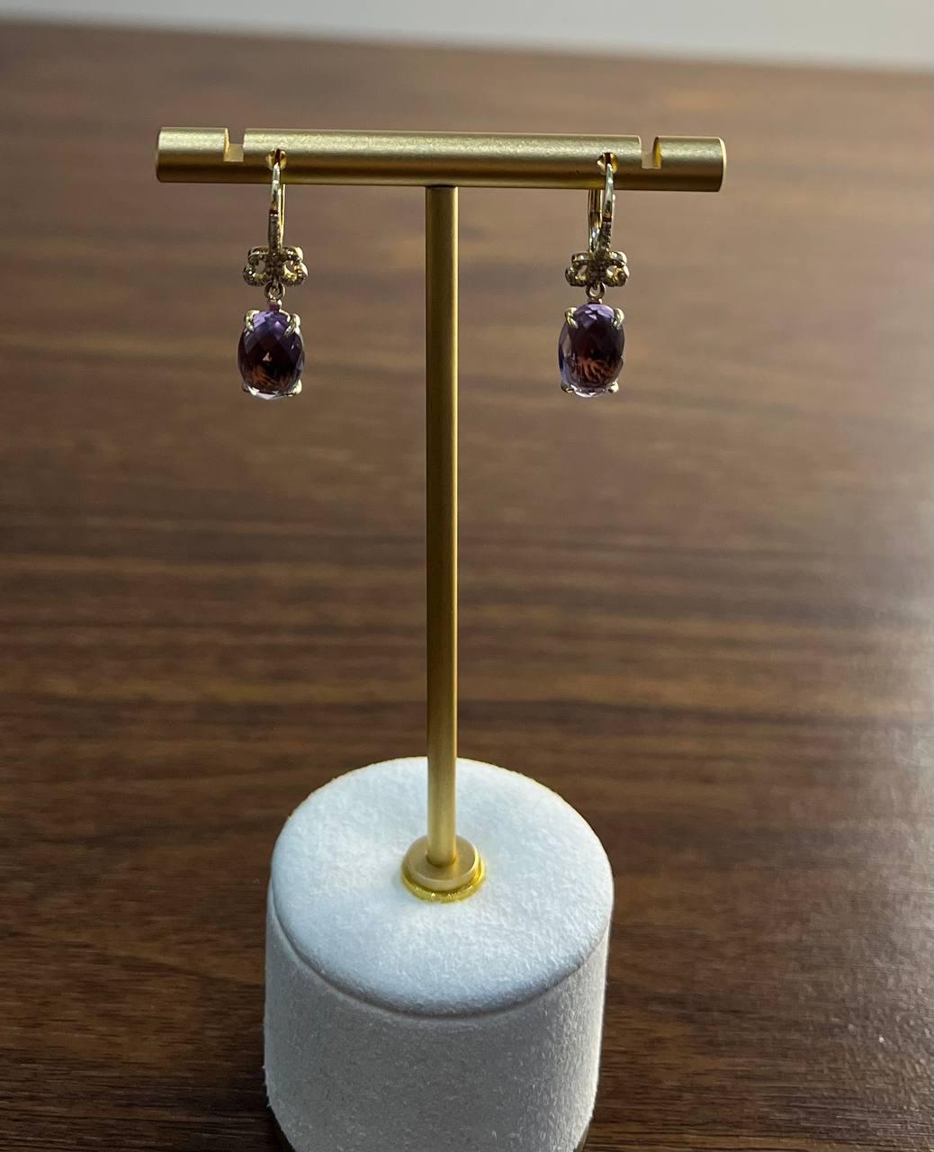 Oval Cut Purple Violet Amethyst 14K Yellow Gold Diamond Drop Statement Earrings