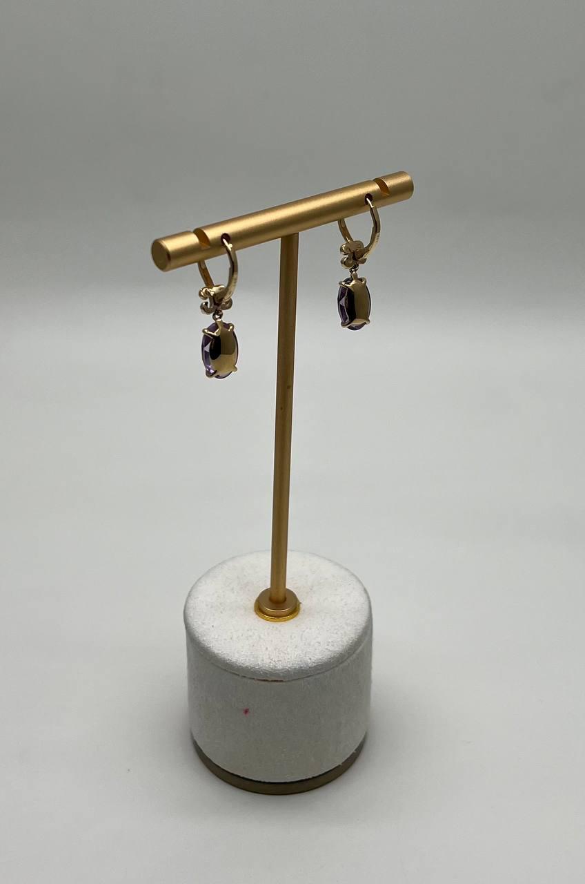 Oval Cut Purple Violet Amethyst 14K Yellow Gold Diamond Drop Statement Earrings