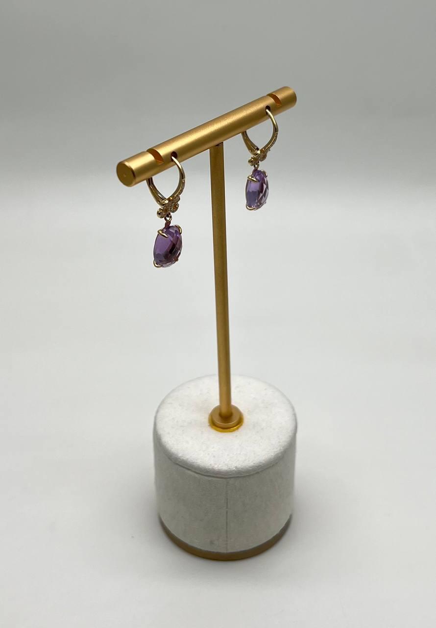 Oval Cut Purple Violet Amethyst 14K Yellow Gold Diamond Drop Statement Earrings