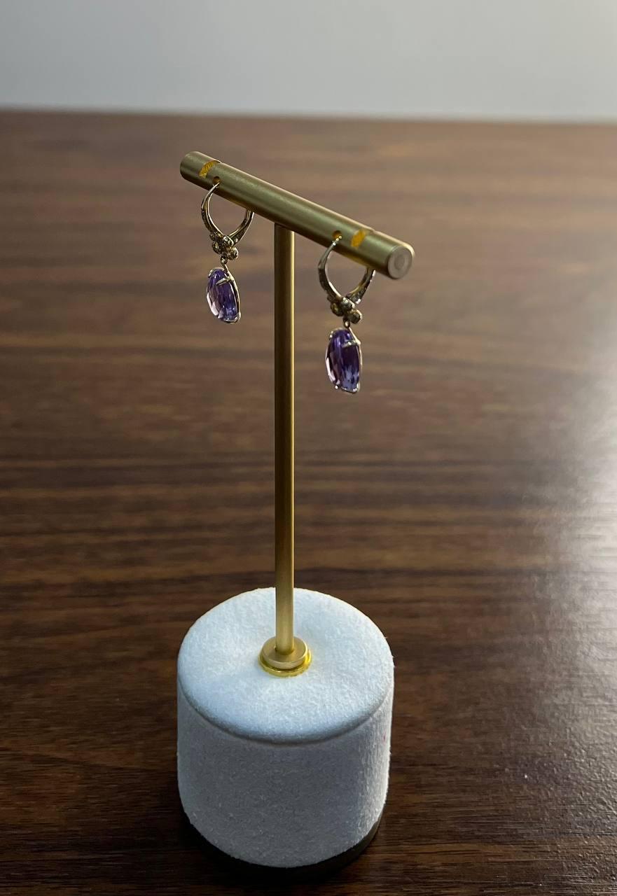 Oval Cut Purple Violet Amethyst 14K Yellow Gold Diamond Drop Statement Earrings