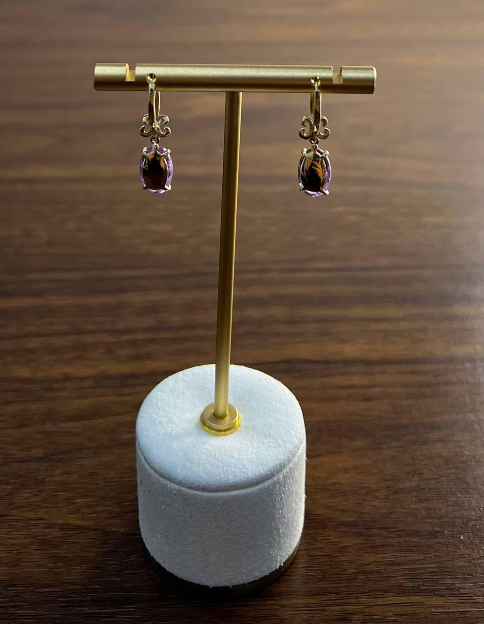Oval Cut Purple Violet Amethyst 14K Yellow Gold Diamond Drop Statement Earrings