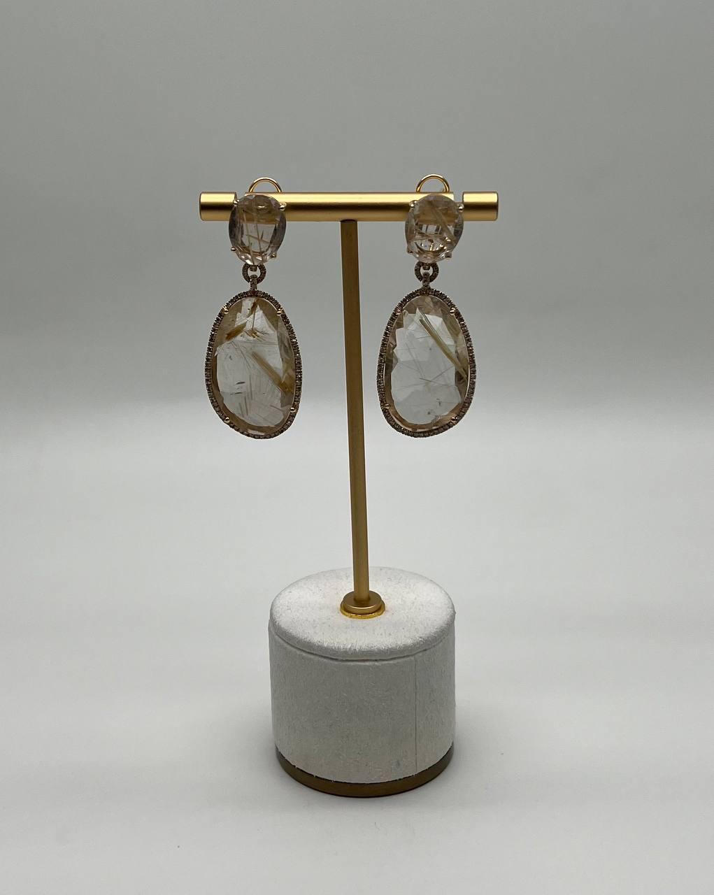 Free Shape Rutilated Rose Peach Quartz Diamond Halo 4K Gold Earrings