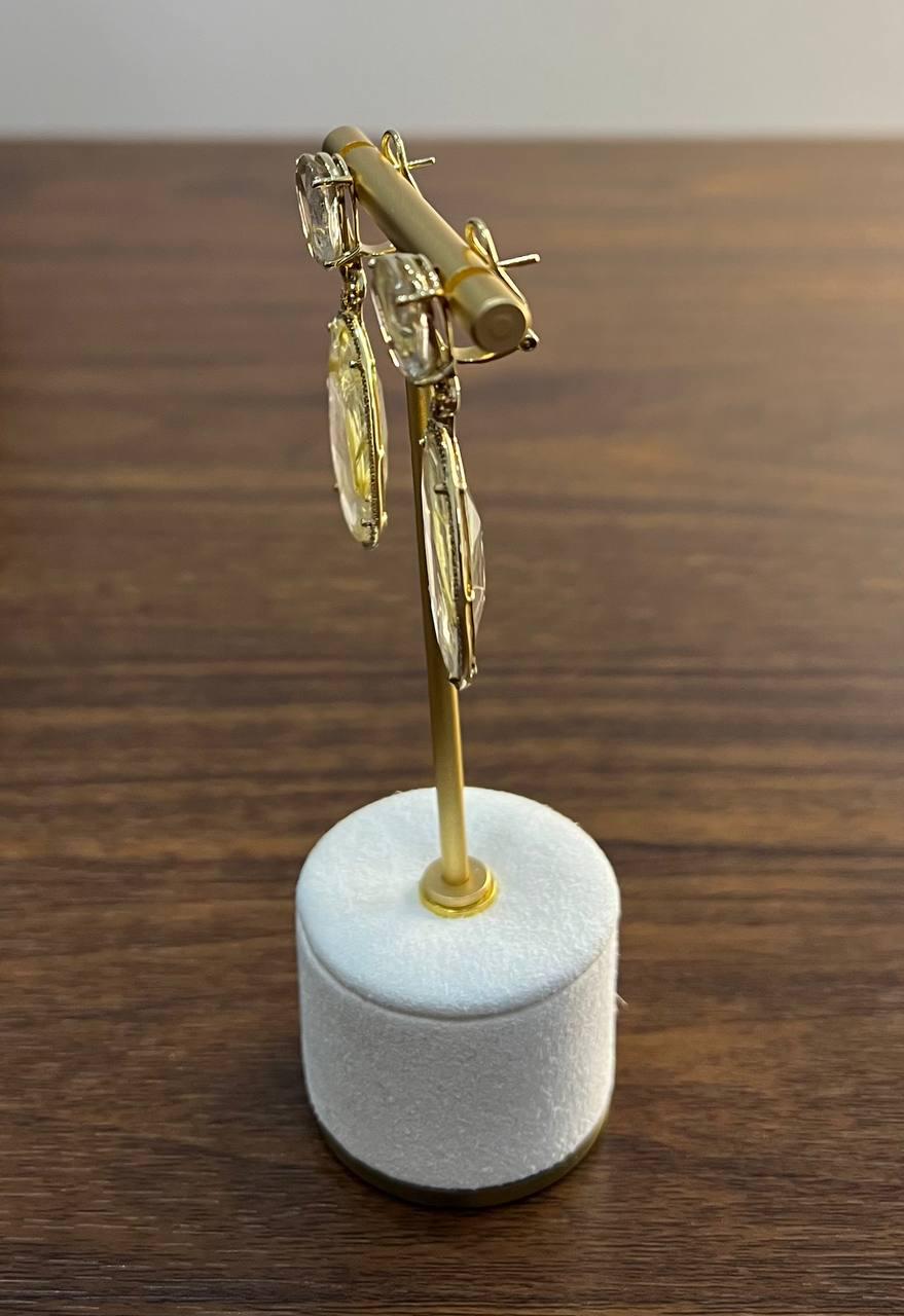 Free Shape Rutilated Rose Peach Quartz Diamond Halo 4K Gold Earrings