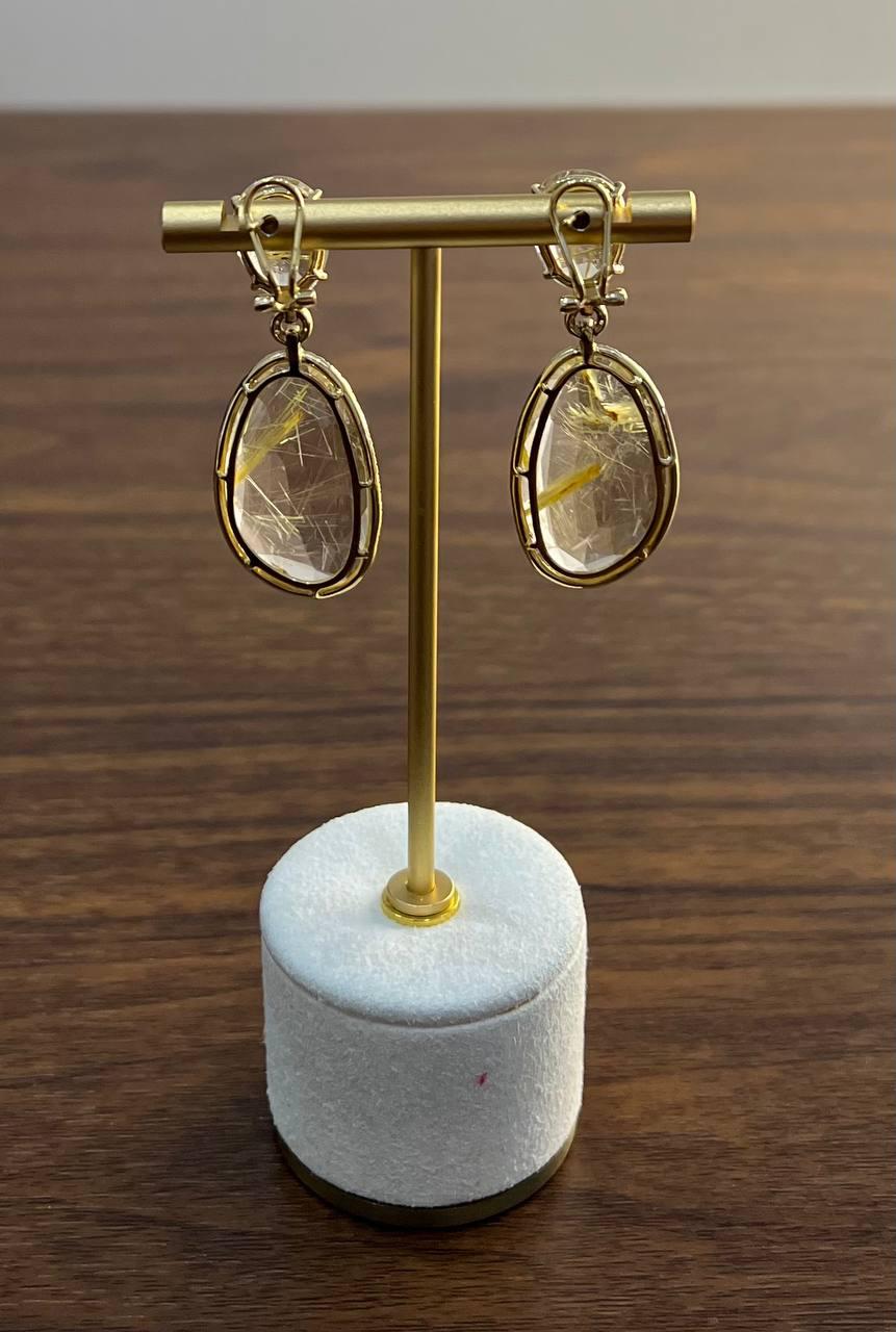 Free Shape Rutilated Rose Peach Quartz Diamond Halo 4K Gold Earrings