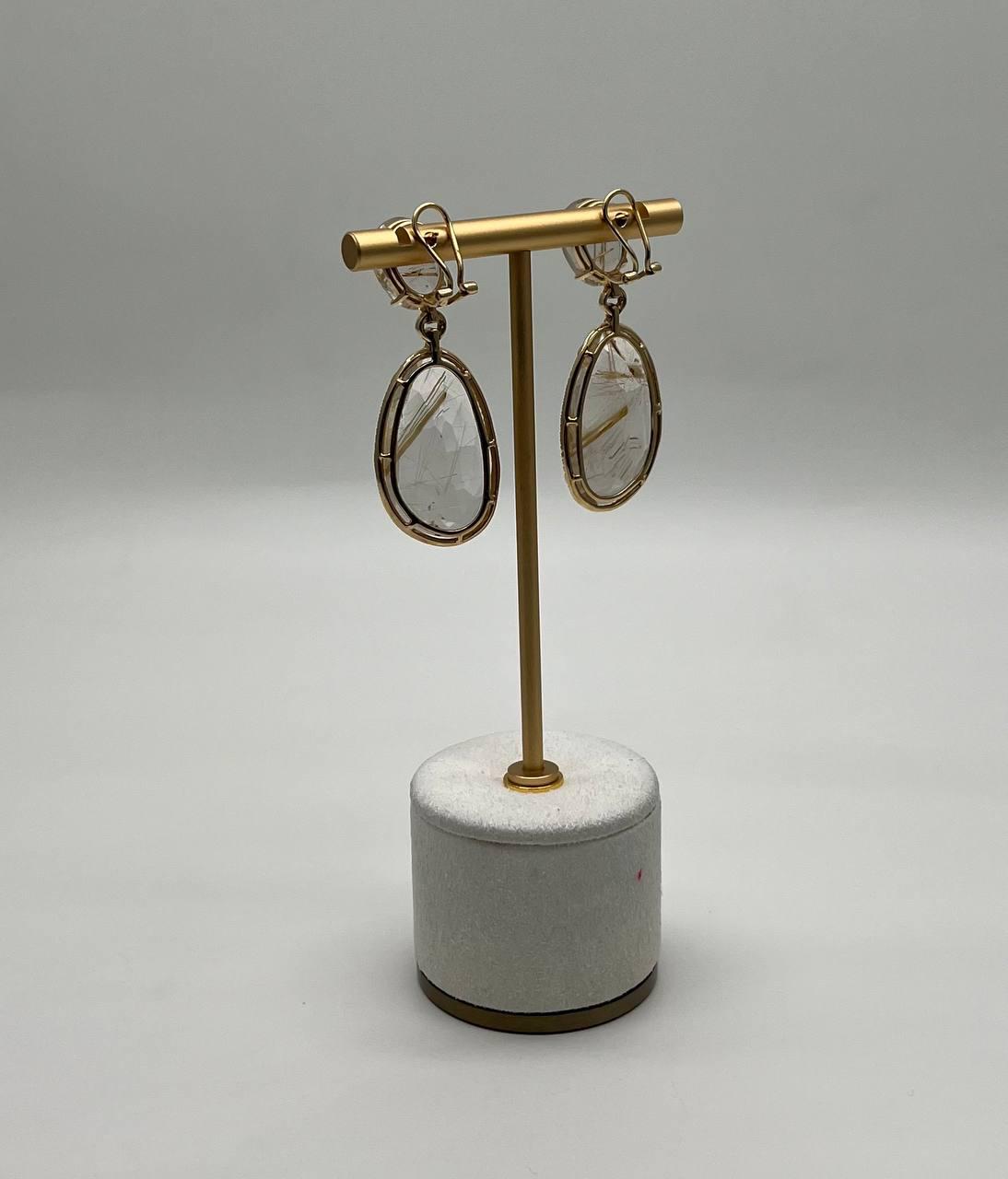 Free Shape Rutilated Rose Peach Quartz Diamond Halo 4K Gold Earrings