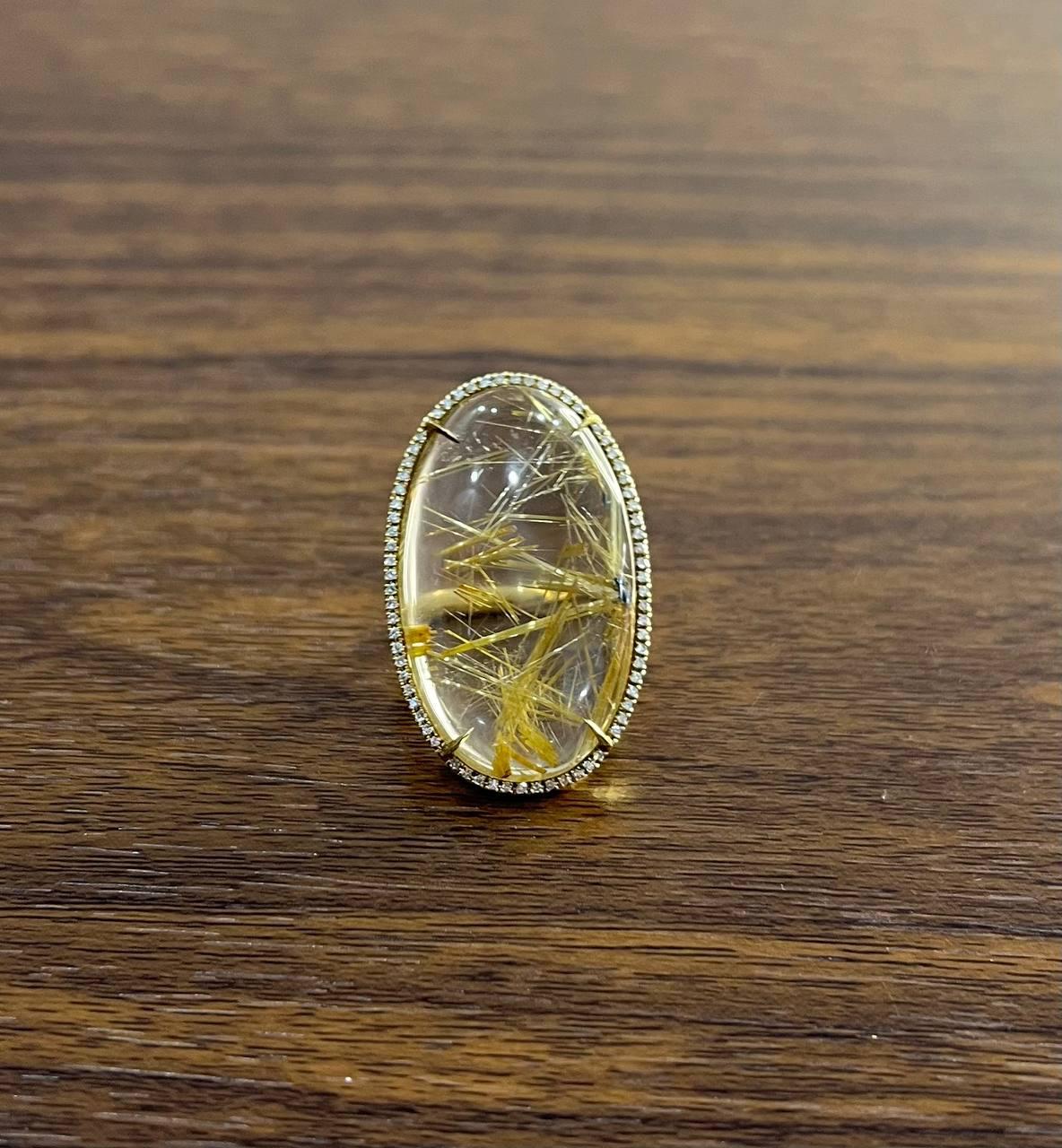 Oval Cabochon Rutilated Yellow Orange Quartz Diamond Halo 18K Yellow Gold Ring