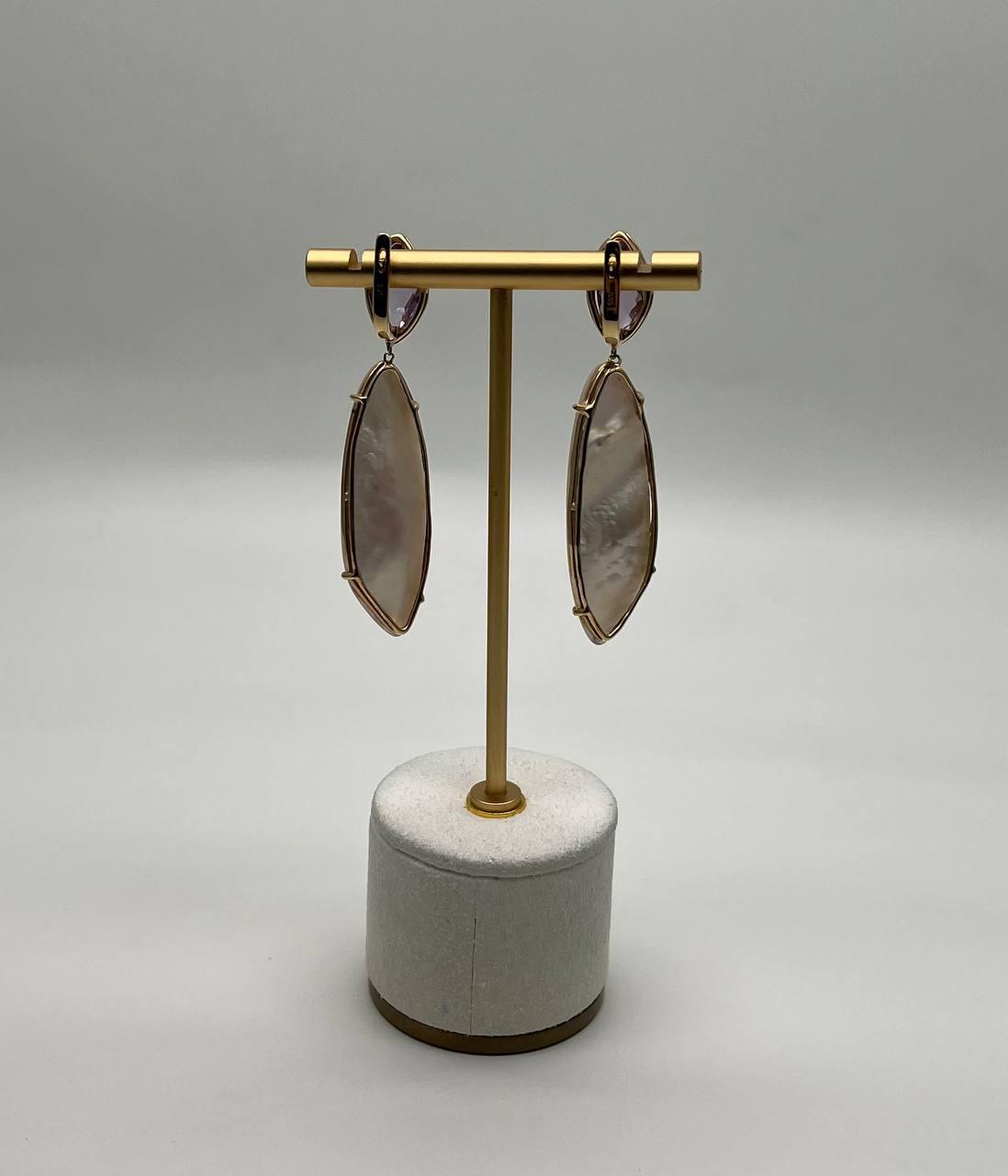 Pink Amethyst White Mother of Pearl White Diamonds Halo 14K Yellow Gold Earrings