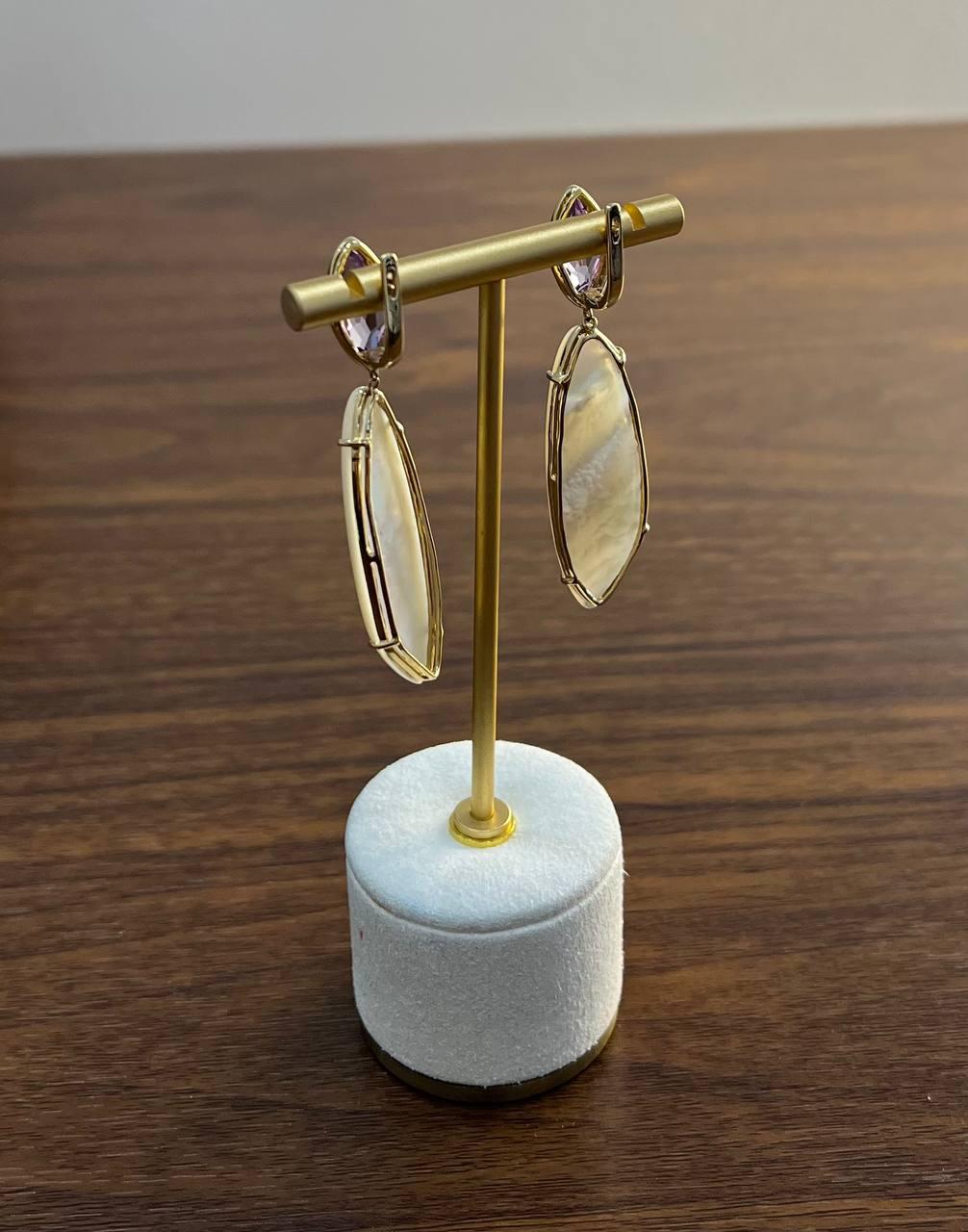 Pink Amethyst White Mother of Pearl White Diamonds Halo 14K Yellow Gold Earrings