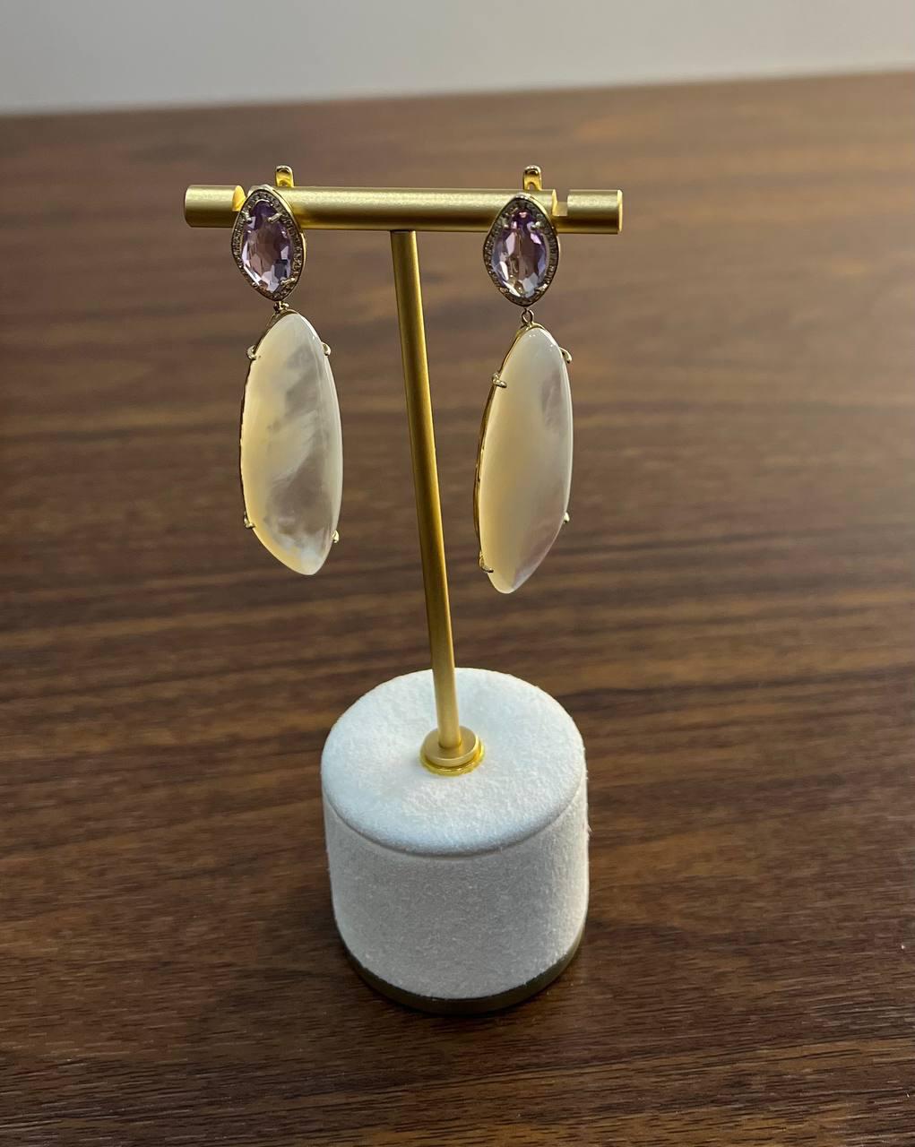 Pink Amethyst White Mother of Pearl White Diamonds Halo 14K Yellow Gold Earrings