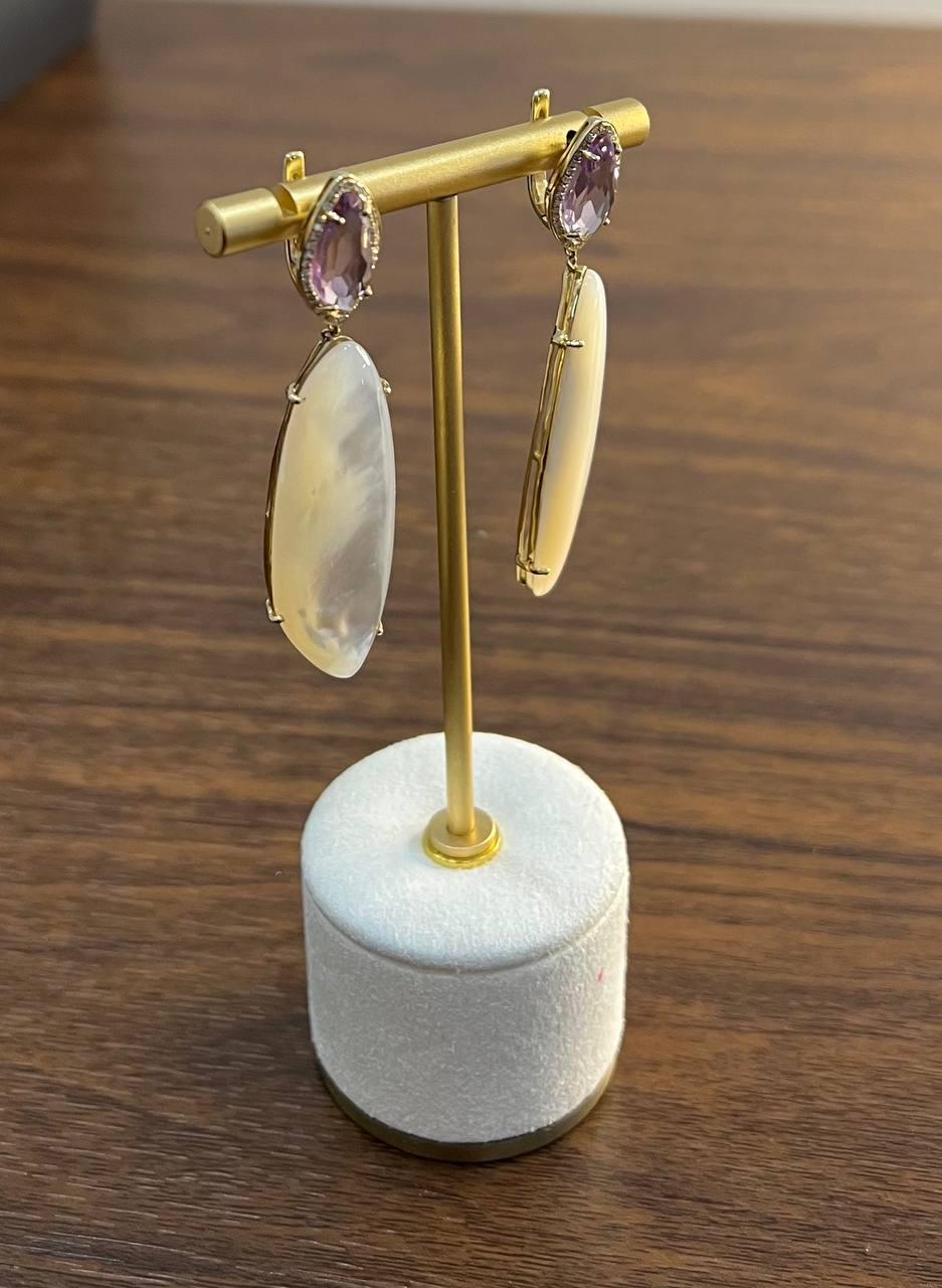 Pink Amethyst White Mother of Pearl White Diamonds Halo 14K Yellow Gold Earrings