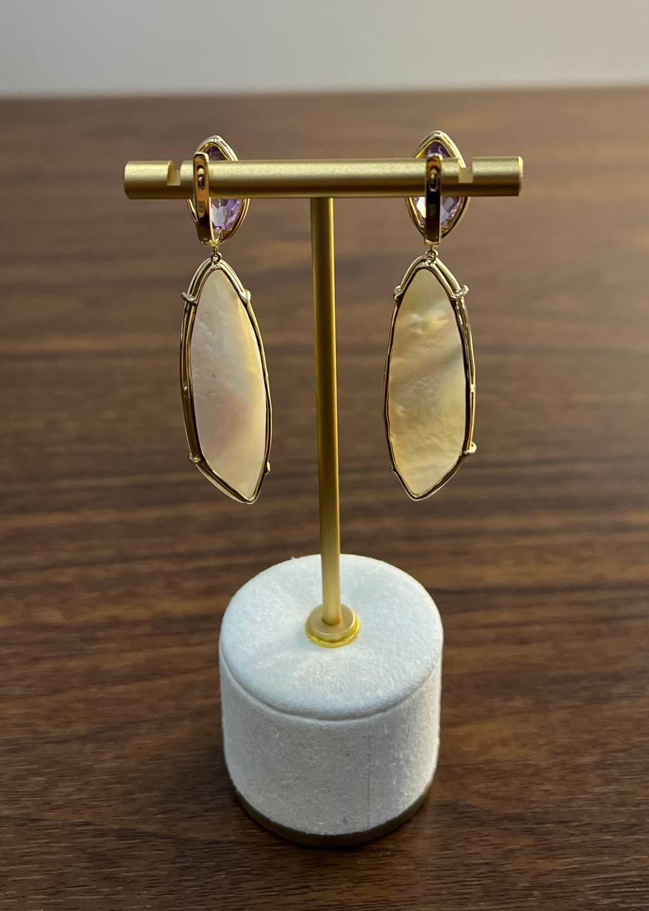 Pink Amethyst White Mother of Pearl White Diamonds Halo 14K Yellow Gold Earrings