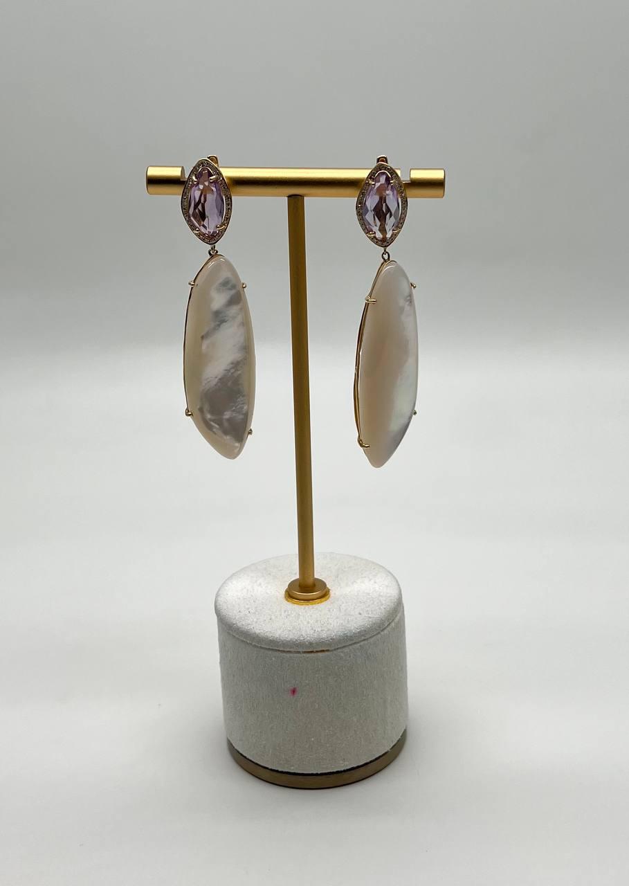 Pink Amethyst White Mother of Pearl White Diamonds Halo 14K Yellow Gold Earrings