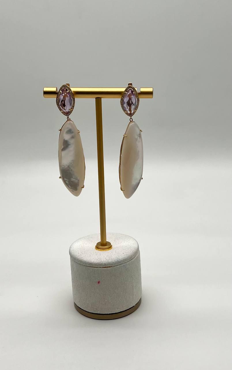 Pink Amethyst White Mother of Pearl White Diamonds Halo 14K Yellow Gold Earrings