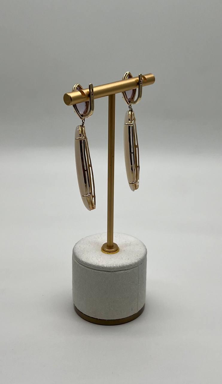 Pink Amethyst White Mother of Pearl White Diamonds Halo 14K Yellow Gold Earrings