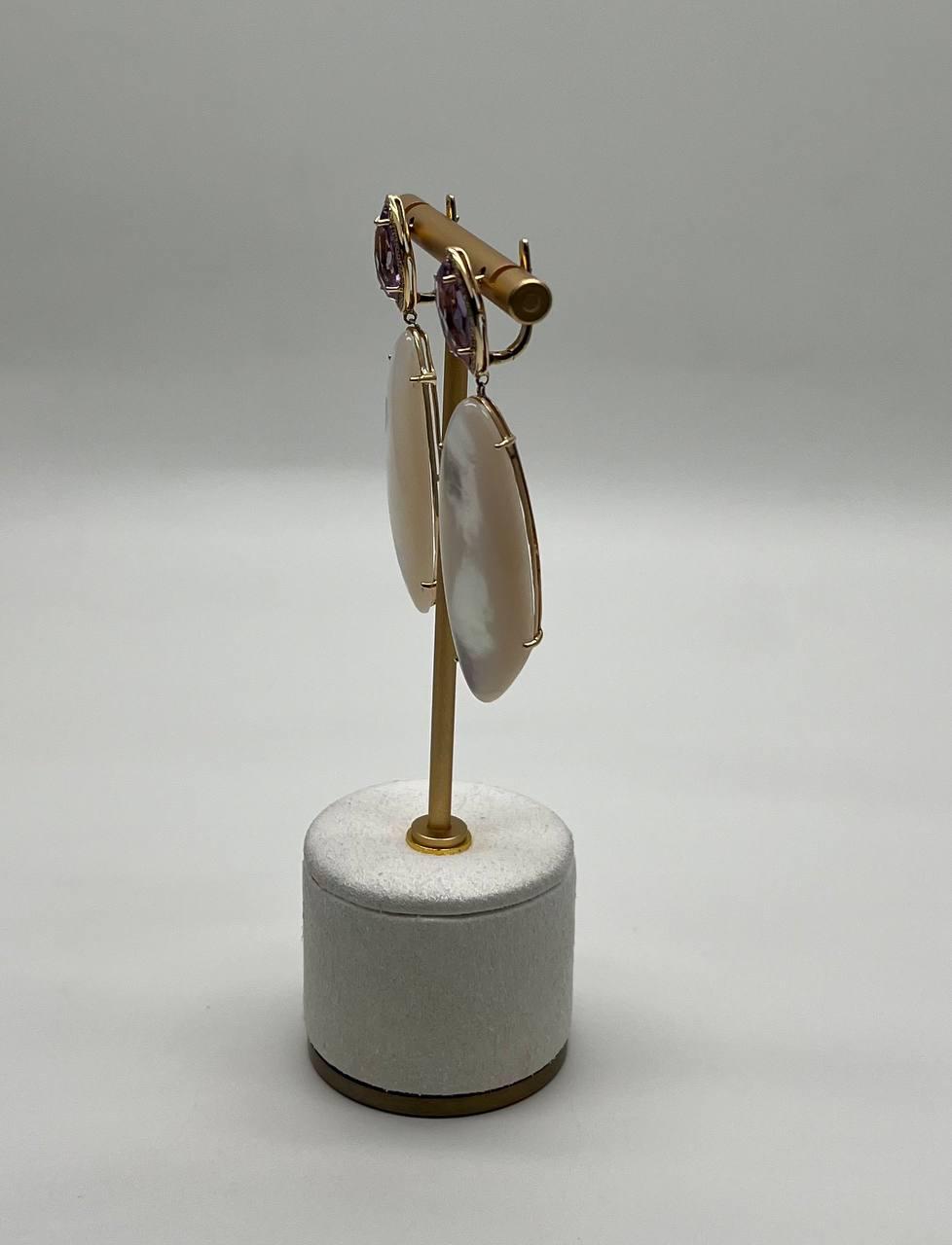 Pink Amethyst White Mother of Pearl White Diamonds Halo 14K Yellow Gold Earrings