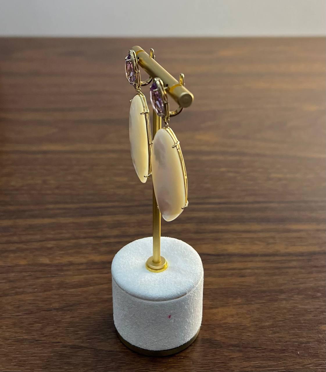 Pink Amethyst White Mother of Pearl White Diamonds Halo 14K Yellow Gold Earrings