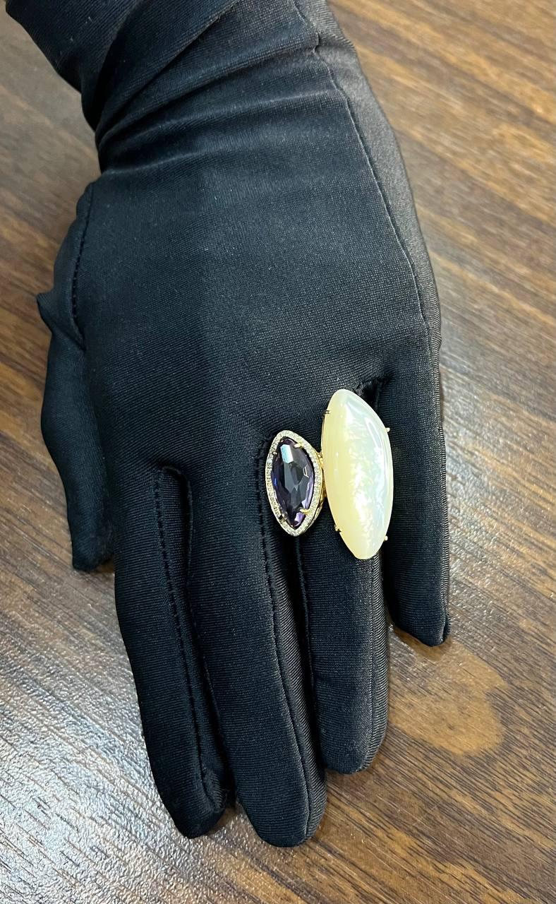 Pink Amethyst White Mother of Pearl White Diamonds Halo 14K Yellow Gold Ring