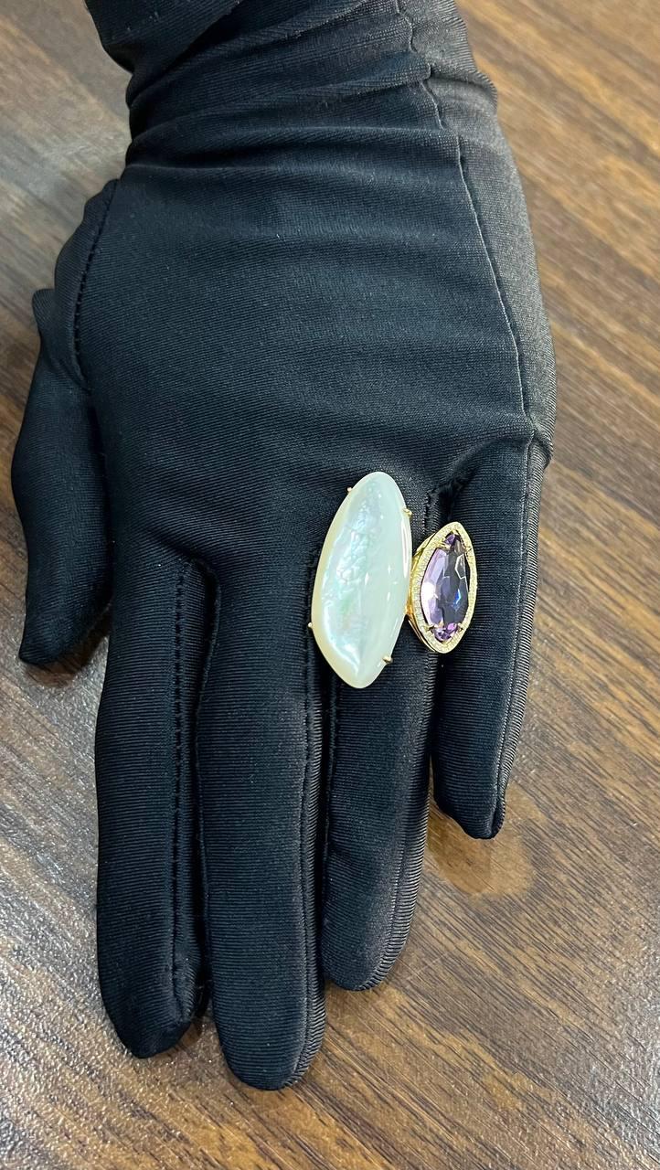 Pink Amethyst White Mother of Pearl White Diamonds Halo 14K Yellow Gold Ring