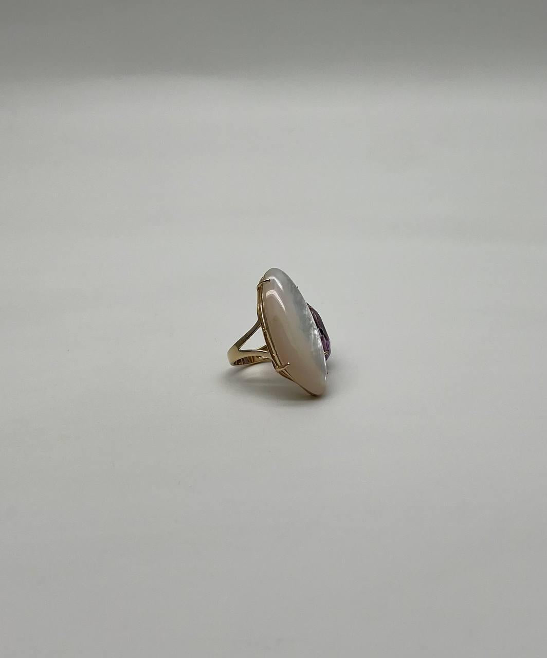 Pink Amethyst White Mother of Pearl White Diamonds Halo 14K Yellow Gold Ring