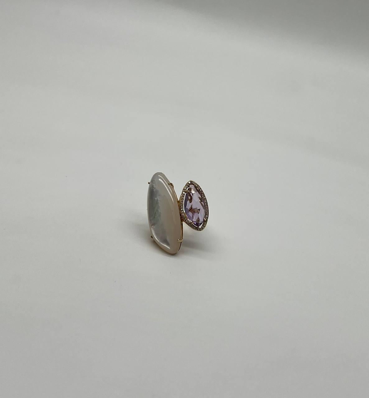 Pink Amethyst White Mother of Pearl White Diamonds Halo 14K Yellow Gold Ring