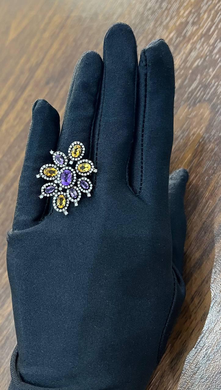 Violet Purple Amethyst Orange Citrine Diamonds Halo 14K Black Gold Flower Ring