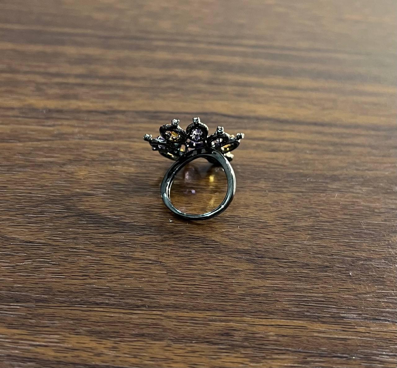 Violet Purple Amethyst Orange Citrine Diamonds Halo 14K Black Gold Flower Ring