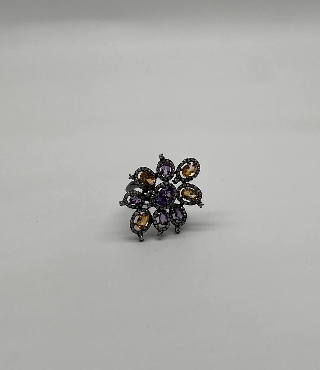 Violet Purple Amethyst Orange Citrine Diamonds Halo 14K Black Gold Flower Ring