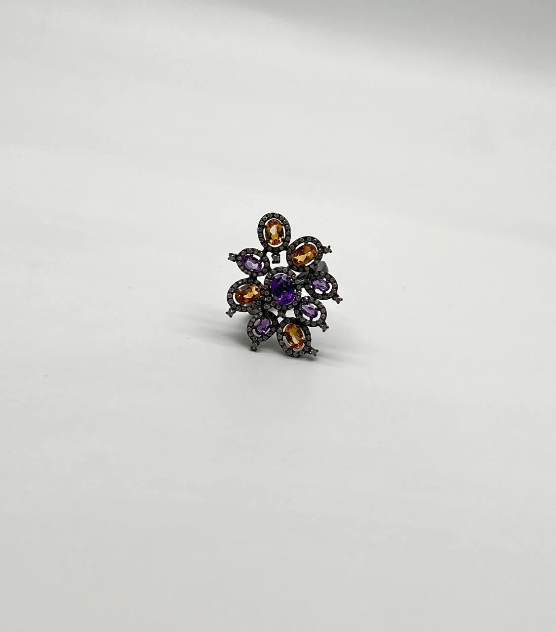 Violet Purple Amethyst Orange Citrine Diamonds Halo 14K Black Gold Flower Ring