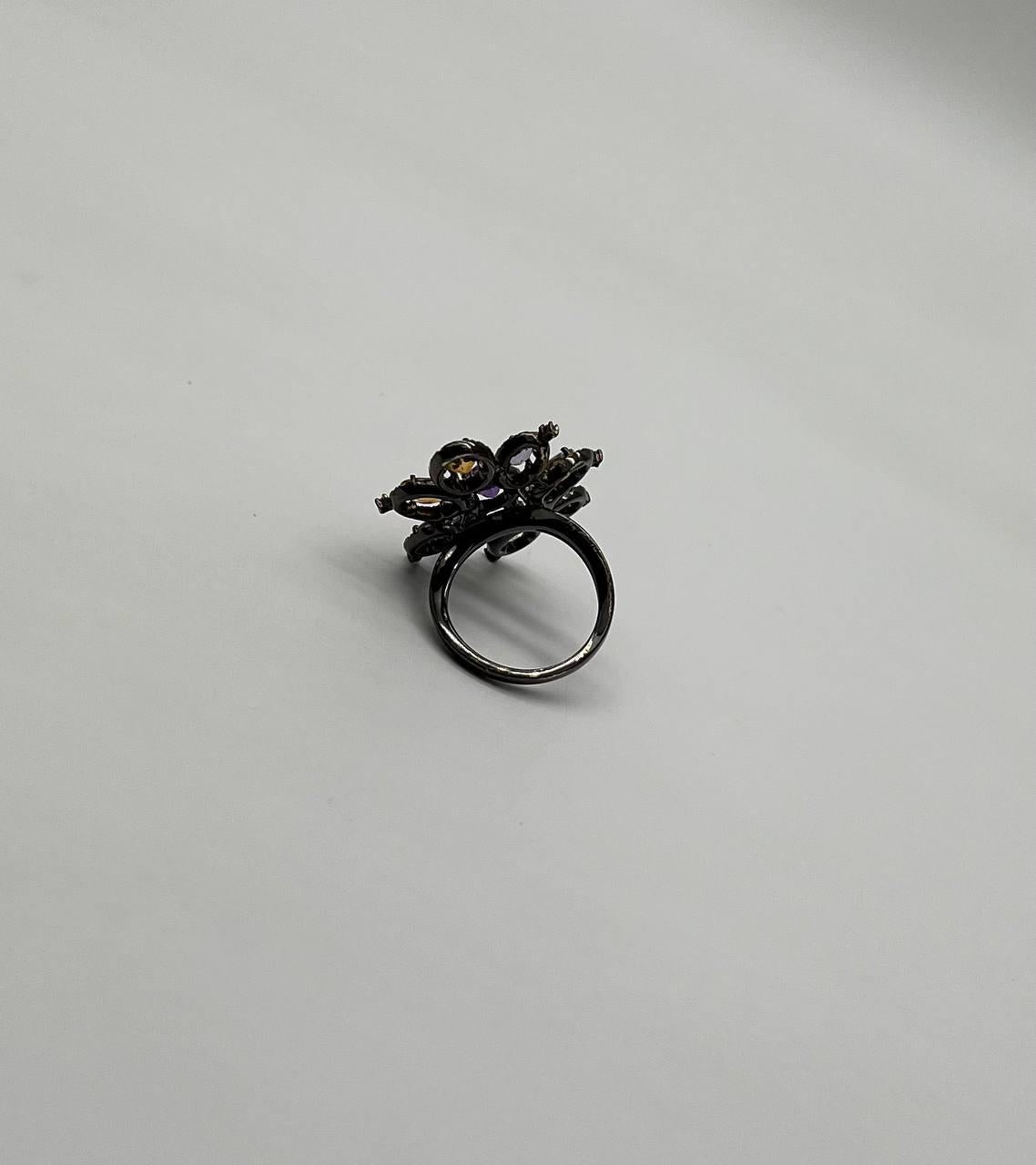 Violet Purple Amethyst Orange Citrine Diamonds Halo 14K Black Gold Flower Ring
