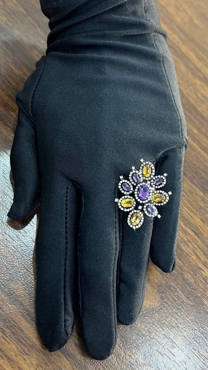 Violet Purple Amethyst Orange Citrine Diamonds Halo 14K Black Gold Flower Ring