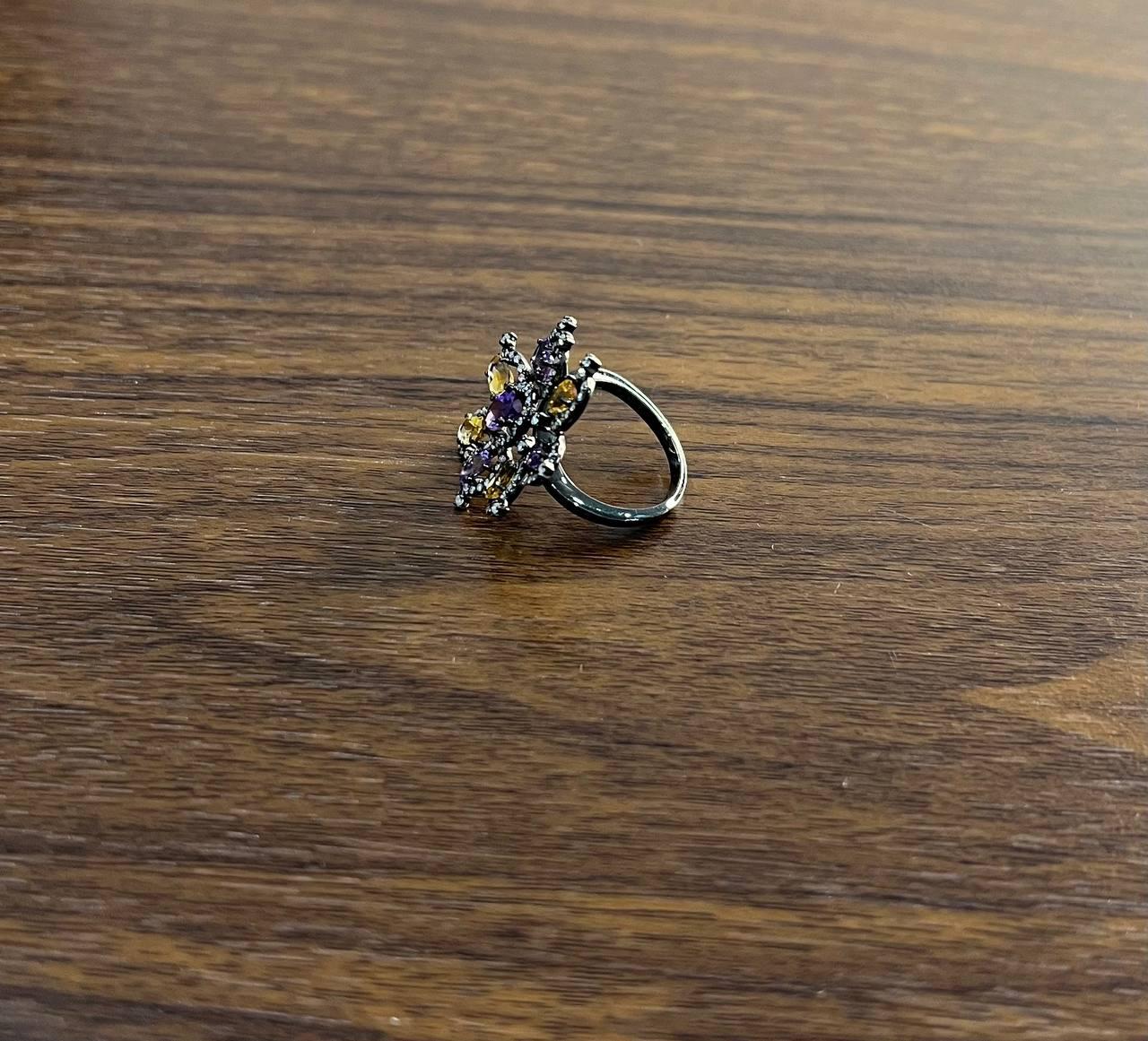 Violet Purple Amethyst Orange Citrine Diamonds Halo 14K Black Gold Flower Ring