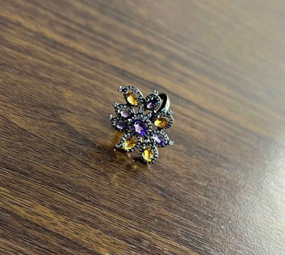 Violet Purple Amethyst Orange Citrine Diamonds Halo 14K Black Gold Flower Ring