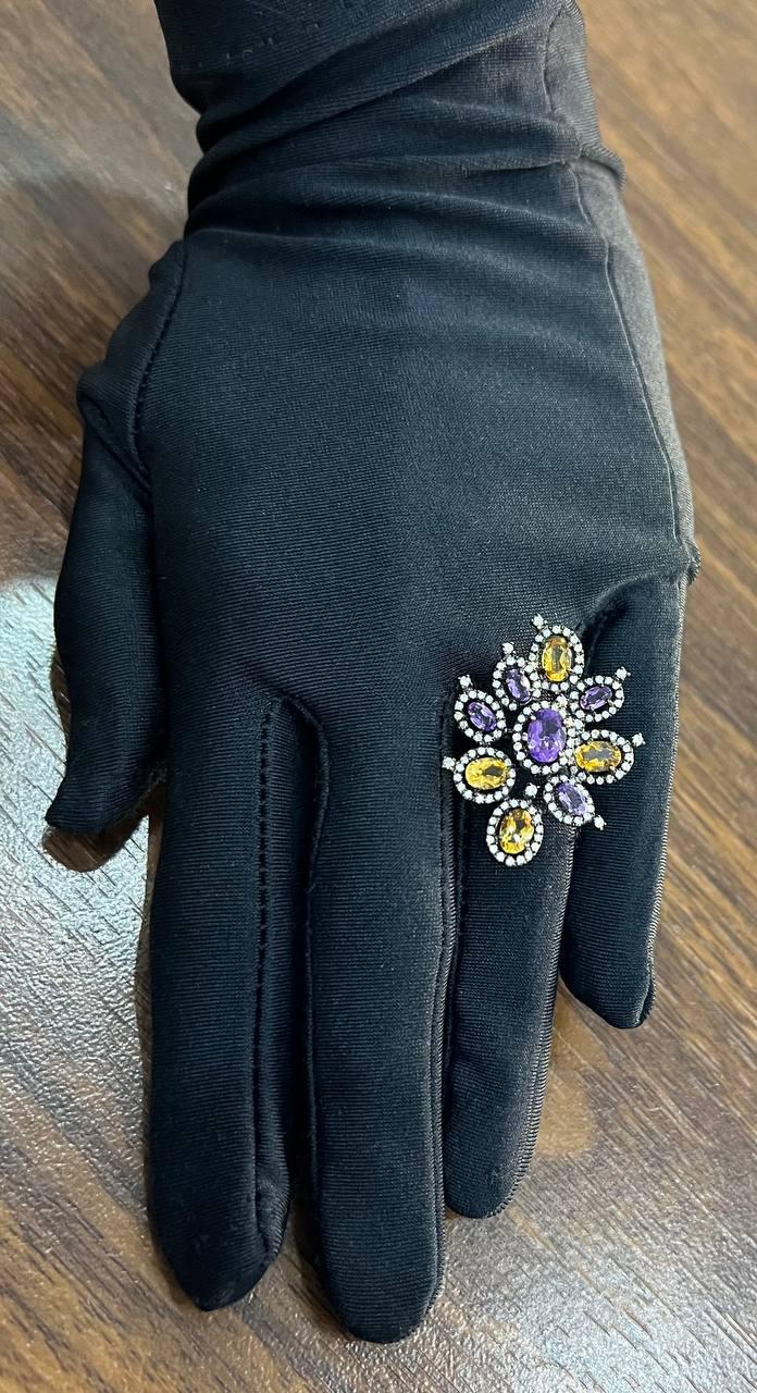 Violet Purple Amethyst Orange Citrine Diamonds Halo 14K Black Gold Flower Ring