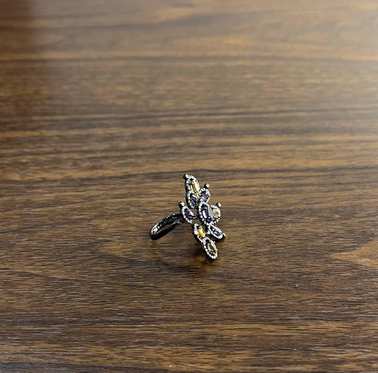 Violet Purple Amethyst Orange Citrine Diamonds Halo 14K Black Gold Flower Ring