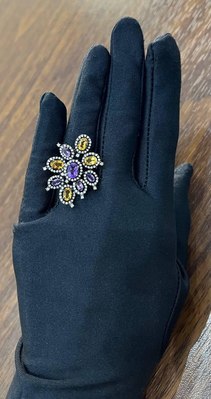 Violet Purple Amethyst Orange Citrine Diamonds Halo 14K Black Gold Flower Ring