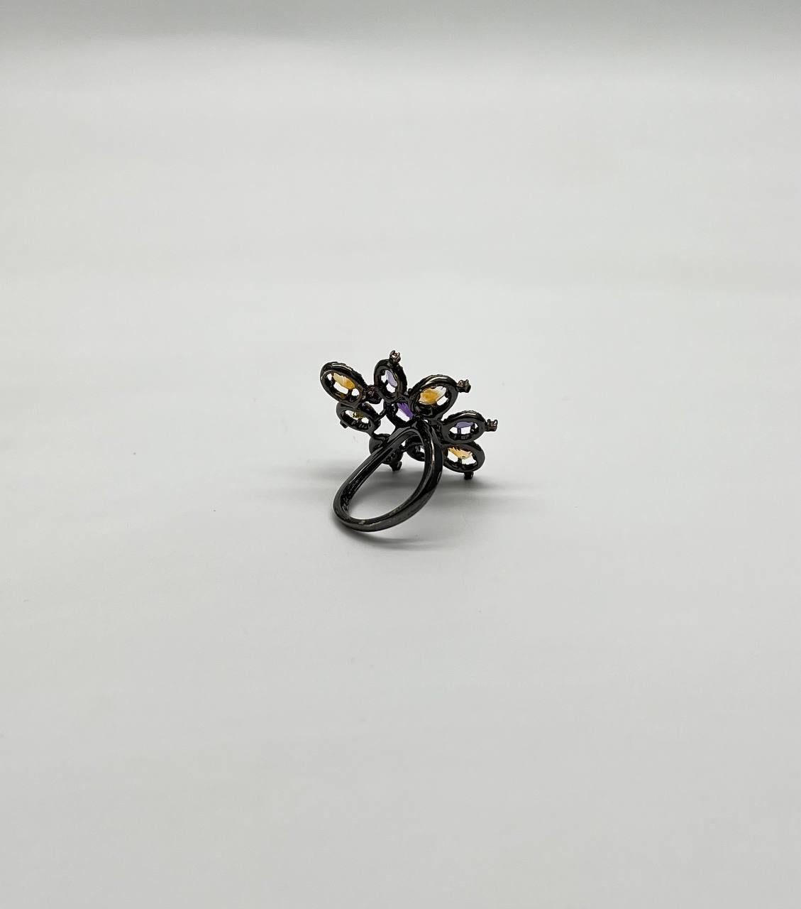 Violet Purple Amethyst Orange Citrine Diamonds Halo 14K Black Gold Flower Ring