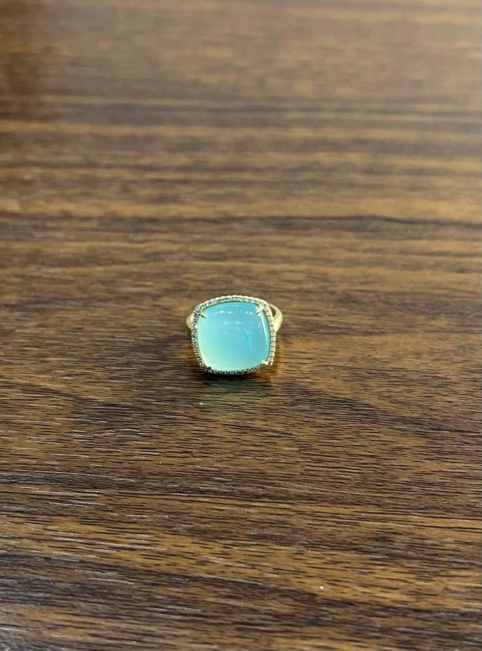 Light Green Cushion Shape Amazonite Diamond 14K Yellow Gold Cocktail Ring