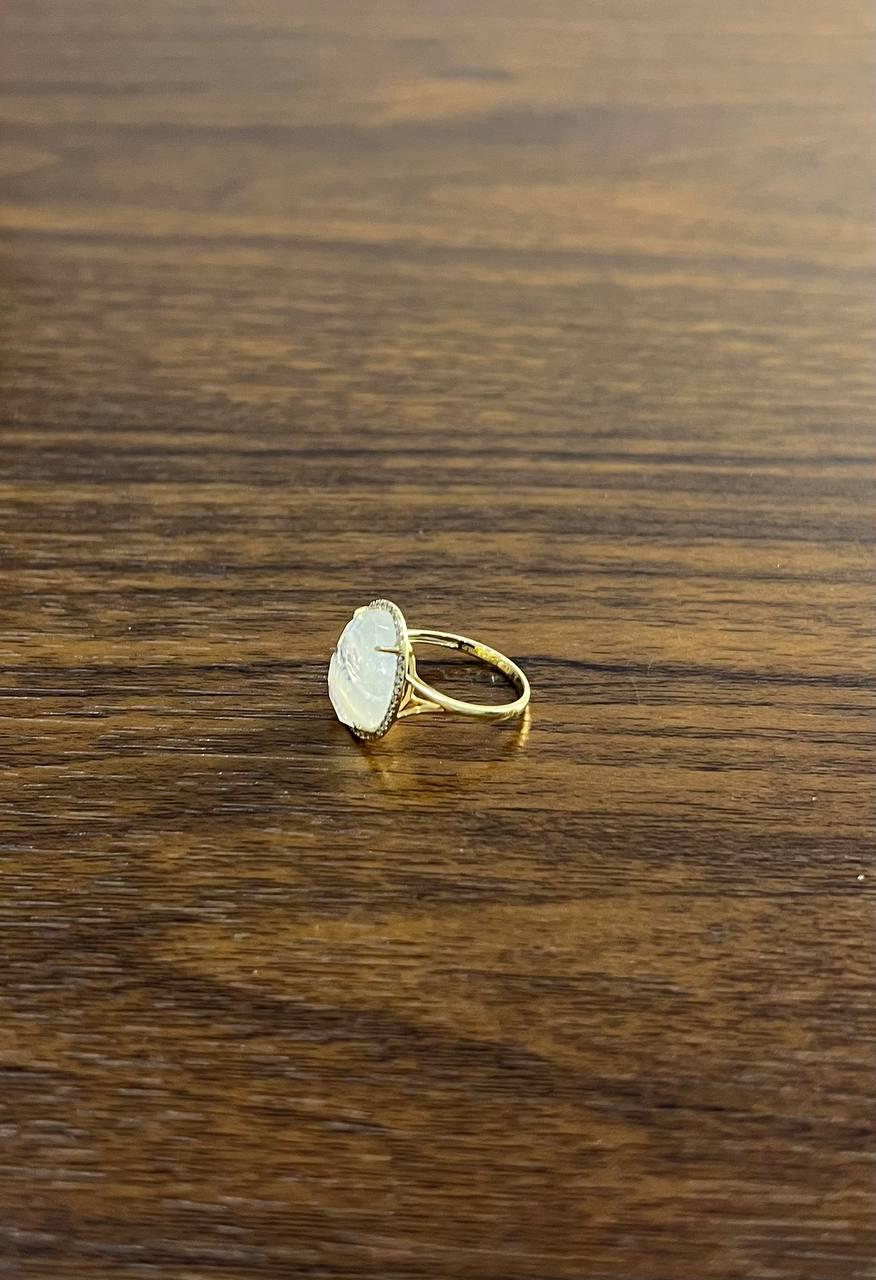 White Moonstone Diamonds Halo Set 14 Yellow Gold Statement Unique Cocktail Ring