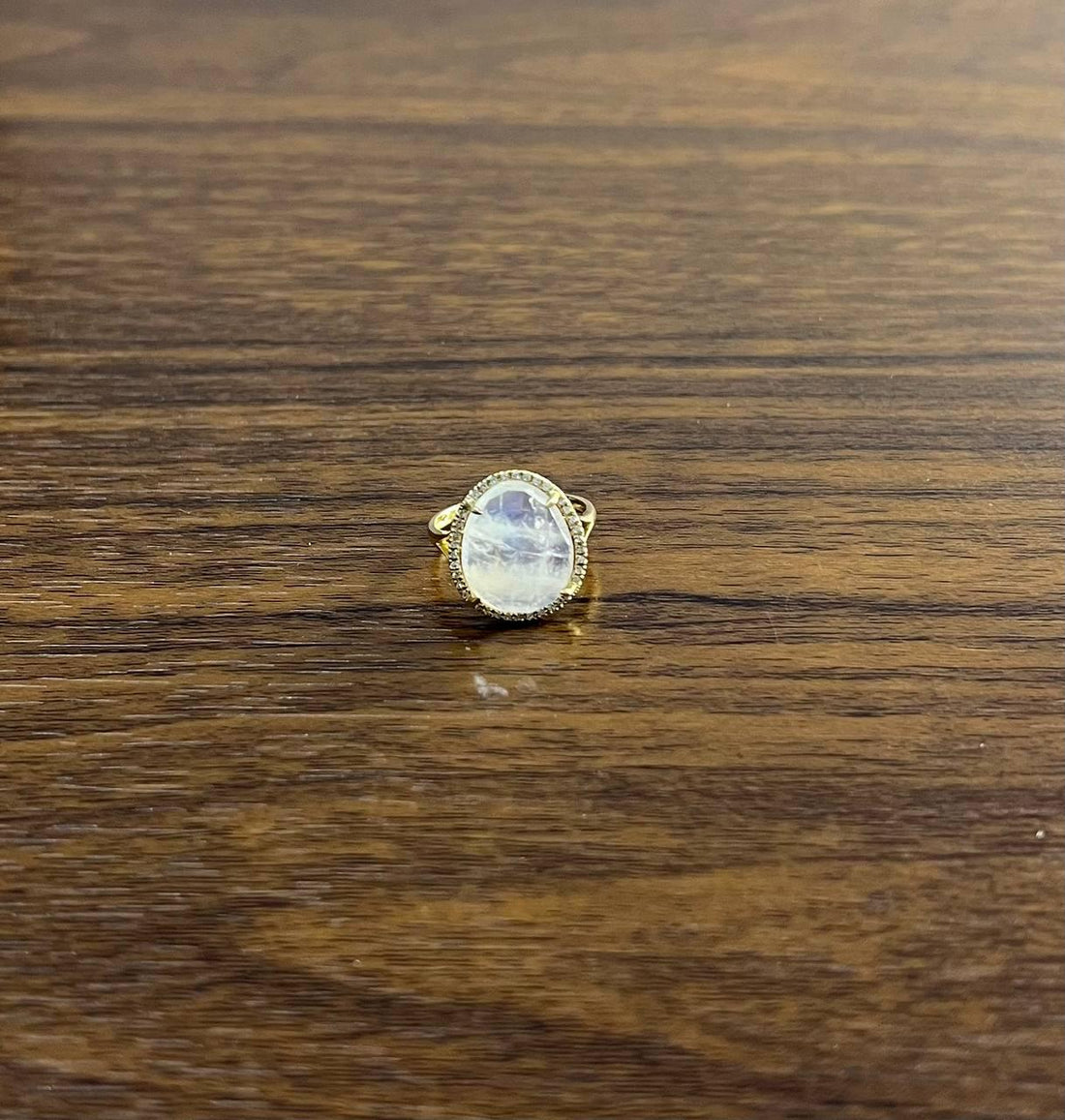 White Moonstone Diamonds Halo Set 14 Yellow Gold Statement Unique Cocktail Ring