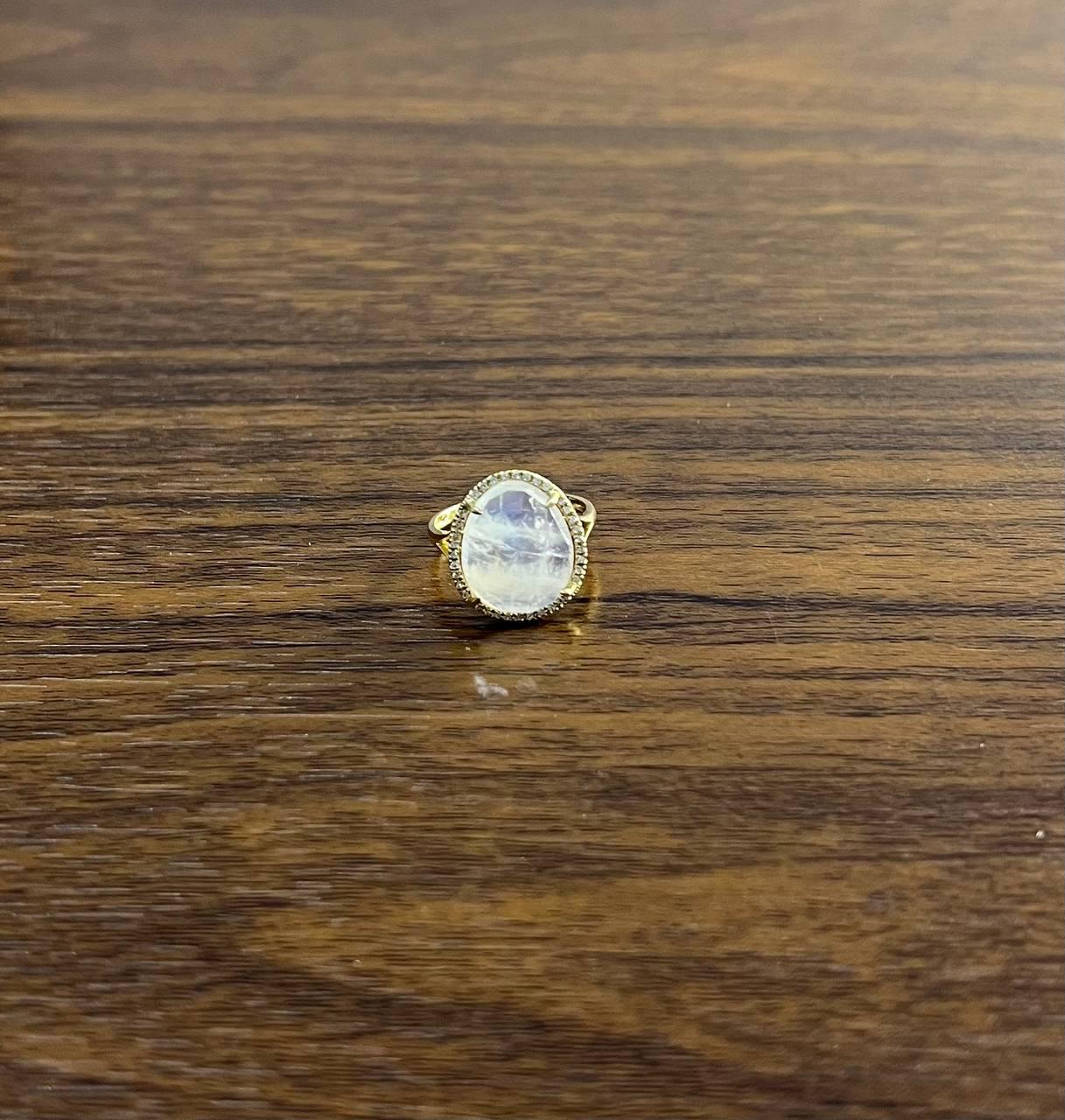 White Moonstone Diamonds Halo Set 14 Yellow Gold Statement Unique Cocktail Ring